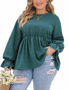 Gibsie Plus Size Solid Frill Trim Peplum Top Blouse Vrouwen Fi 2024 Lente Elegante Lg Mouw Vrouwelijke Casual O-hals blouses 06rX #