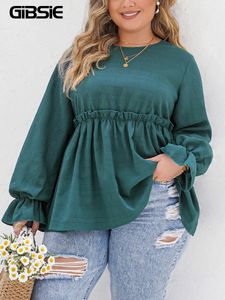 Gibsie Plus Size Solid Frill Trim Peplum Top Blouse Women Fashion 2024 Spring Elegant Long Sleeve vrouwelijke casual oneck blouses 240419