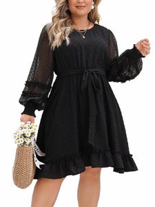 Gibsie Plus Taille Swiss Dot Mesh Lg Manches Ceinturée Dr Femmes Noir O-cou À Volants A-ligne Douce Mini Dres Printemps Eté 2024 T60t #