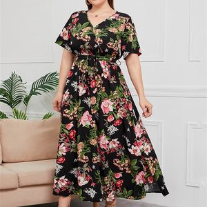 Gibsie Plus Size V Neck Floral Print Boho Dress Women Summer Short Sleeve Maxi Dresses Holiday A-Line vrouwelijke omgeslagen Y240425