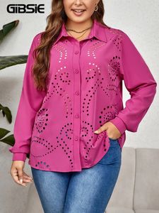 GIBSIE Plus Size Vrouwen Elegant Hollow Out Button Up Shirt 2023 Lente Herfst Lange Mouwen Losse Werk Kantoor Tuniek blouses Tops 240131