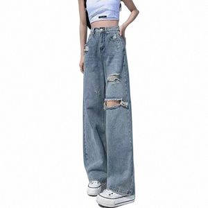 Gidyq Streetwear Gescheurde Jeans Vrouwen Fi Losse Wijde Pijpen Broek Zomer Casual Alle Match Vrouwelijke Koreaanse Rechte Denim Broek h2W5 #