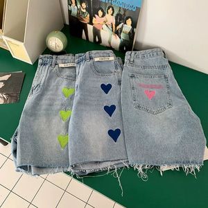 Gidyq vrouwen hoge taille denim shorts Koreaanse mode liefde geborduurd brede been broek vrouwelijke streetwear kwastje losse jeans 240521
