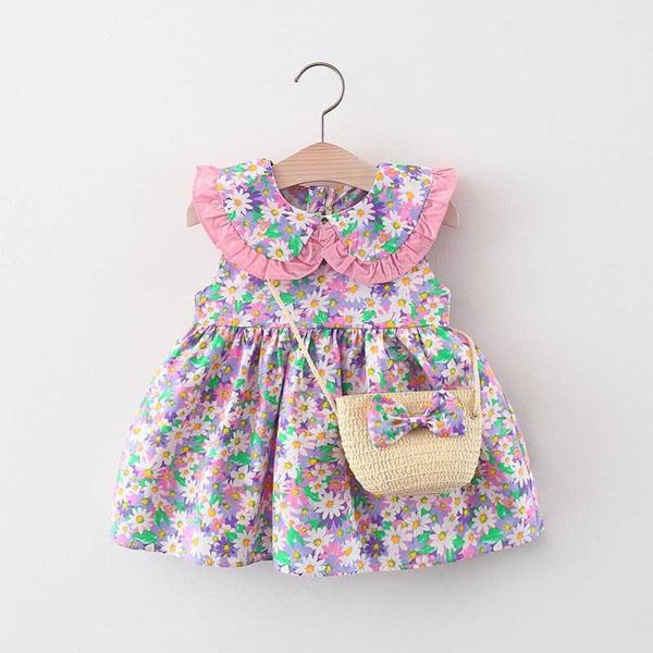 cadeau sac enfants bébé filles été mouche manches volants col claudine fleur genou longueur robes enfant en bas âge vêtements 6M-4Y Q0716