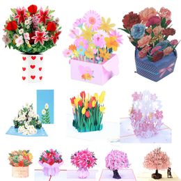 Cadeaubonnen 3D Flower Bouquet Pop Up Card Happy Mother's Day wenskaart Valentijnsdag Verjaardag jubileumkaart voor vrouw Lover Z0310