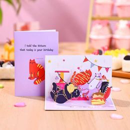 Cartes-cadeaux Carte de voeux d'anniversaire de chat Purple Pop Up Card Birthday Présent cadeau créatif avec enveloppe Fun Spoof chaton carte de voeux D240529