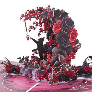 Cadeaubonnen wenskaarten voortreffelijke wenskaart Crescent Pop -up verjaardagscadeau zwarte rose elegante kat wenskaart creatief wx5.227446