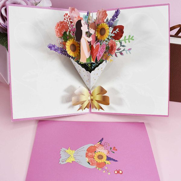 Tarjetas de regalo Tarjeta de felicitación del día de la madre Ramo de papel 3D Corte emergente Tarjeta doblada con tarjeta pequeña para cumpleaños Día festivo Regalos de Acción de Gracias Z0310