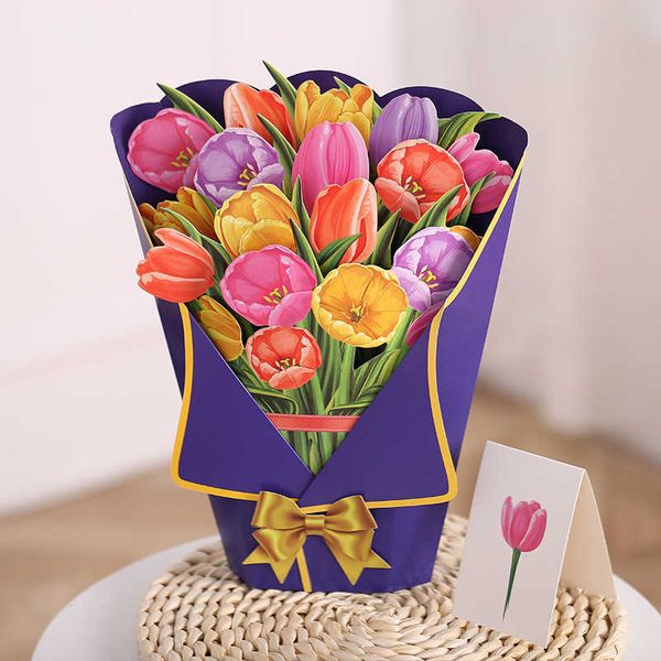 Cartes cadeaux Pop Up Bouquet de fleurs Carte de vœux Bouquet de fleurs Lys 3D Carte de vœux pour la fête des mères Cadeaux Femme Anniversaire Forever Flower Z0310