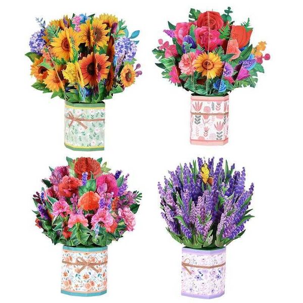 Cartes cadeaux Cartes de fleurs pop-up Fête des mères Carte de vœux florale 3D Bouquet Cartes de vœux Cadeau pour anniversaire Fête des pères Remise des diplômes Mariage Z0310