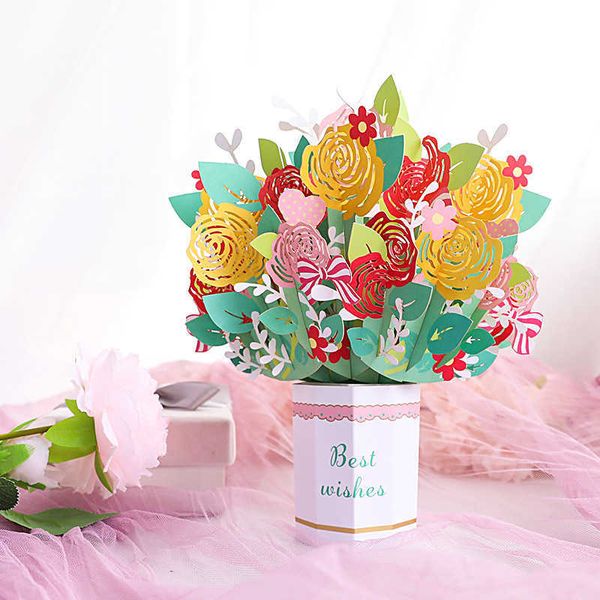 Cartes-cadeaux Roses Bouquet de fleurs Carte 3D Mariage fait à la main Carte pop-up pour Saint Valentin Voeux Anniversaire Fête des mères Merci Sympathie Z0310