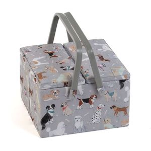 Exclusieve cadeau grote dubbele deksel naai-ambacht hobby opbergdoos, accessoires lade pin kussen zakken PVC handgrepen, 25 x 17cm, grijze honden