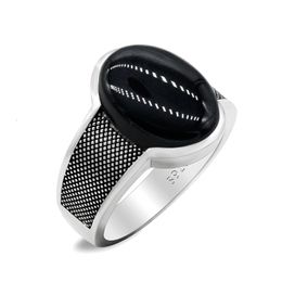 Cadeau pour mari 925 Sterling Silver Mens Black Agate Ring Mens Grand Naturel Pierre Bague Rétro Punk Bijoux Hommes Men7-13Size 240220