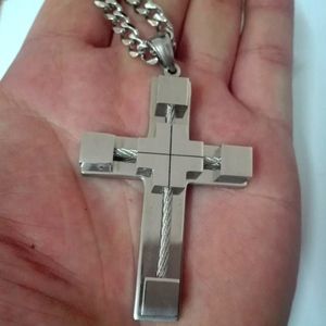 Cadeau pour hommes, pendentif croix en fil d'acier inoxydable hautement poli et collier à maillons cubains de 5MM, 18 à 32 pouces, Large340d