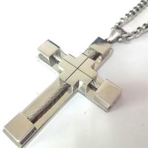 Cadeau pour hommes, pendentif croix en fil d'acier inoxydable hautement poli et collier à maillons cubains de 5MM, 18 à 32 pouces, Large2941