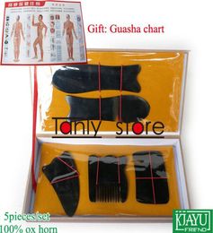 Cadeau guasha graphique entièrement commercial massage acupuncture traditionnel box dure gua sha kit 5pcSset 100 ox corne1383250