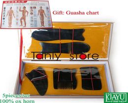 Cadeau guasha graphique entiers entièrement au détail traditionnel acupuncture massage hard box gua sha kit 5pcsset 100 ox corne1516858