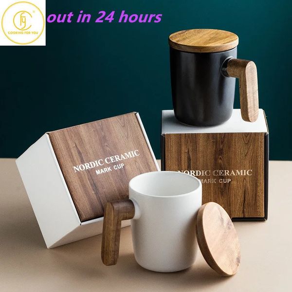 Paquet cadeau manche en bois avec couvercle tasse à café tasses pour amoureux ensemble de tasses en céramique en bois 231225