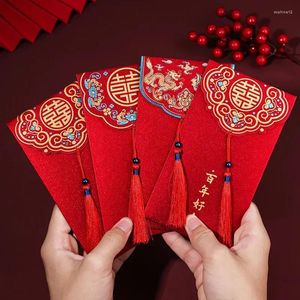 Geschenkwikkeling 1/12pcs Hong Bao Chinese bruiloft Rood enveloppen traditionele huwelijkszegentassen met kwastje Lucky Money Gifts Cash Packets