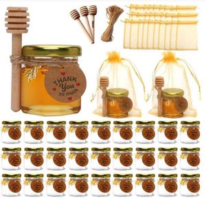 Gift Wrap 10/20/30 PACK 1.5 Oz Mini Glas Honing Pot Kleine Zeshoekige Potten Met Houten Dipper Gouden Deksel Bee Charms Tassen