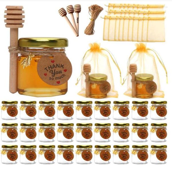 Emballage cadeau 10/20/30 PACK 1.5 Oz Mini pot de miel en verre petits pots hexagonaux avec couvercle en bois louche or abeille breloques sacs