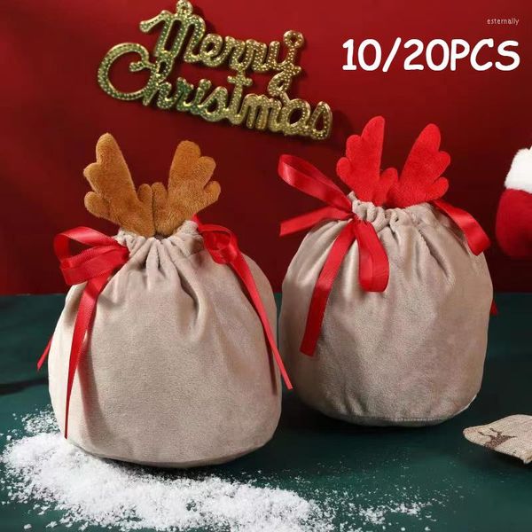 Envoltura de regalo 10/20pcs Bolsas de dulces de Navidad Antlers Velvet Draw String Bolsa de embalaje 2022 Navidad Año