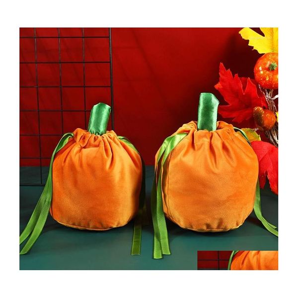 Envoltura de regalo 10/20 piezas Bolsas de dulces de Halloween Embalaje de galletas de calabaza Veet con cuerda Bolsa de favor para niños Suministros de decoración para fiestas Entrega directa H Dhcoi