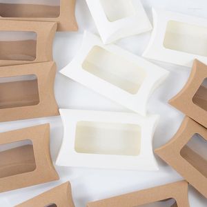 Enveloppe cadeau 10 / 20pcs Oreiller Shape Box Box Kraft Paper Paper Boxe Clear Window Sacs Mariage Faveur Birthday S