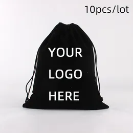 Enveloppe cadeau 10 pcs / lot Logo Ensemble de Noël personnalisé Sachets en velours Bijoux de rangement personnalisés Sacs à cordon de rangement personnalisé