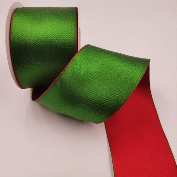 Envoltura de regalo 10 yardas Rojo Verde Satén Cinta con cable de Navidad para decoraciones de árboles Fabricación de arco Año Envoltura N1109 231109
