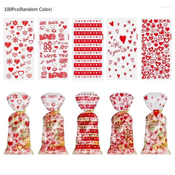 Emballage cadeau 100 pièces sacs en Cellophane coeur saint valentin avec attaches torsadées friandise de vacances pour biscuit au chocolat M6CE