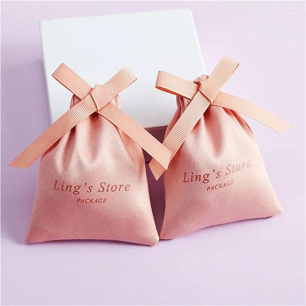 Envoltura de regalo 100 Bolsa de joyería de terciopelo rosa personalizada con bolsas de cinta para embalaje de dulces de boda Decoración navideña Logotipo personalizado