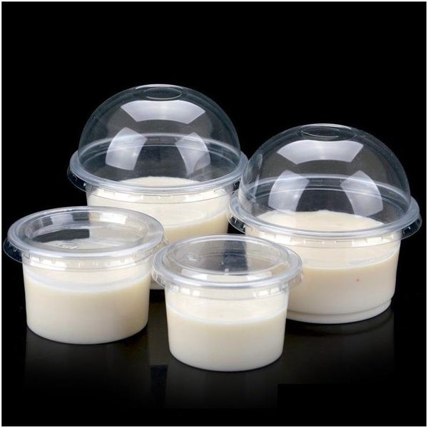 Cadeau Wrap 100 Set Coupe de pudding jetable Coupes de sauce en plastique Couvercle Jelly Bowl Dessert Yaourt Petite Mini Boîte Home Party 4/5/8 / 10oz Drop de Dhnd1