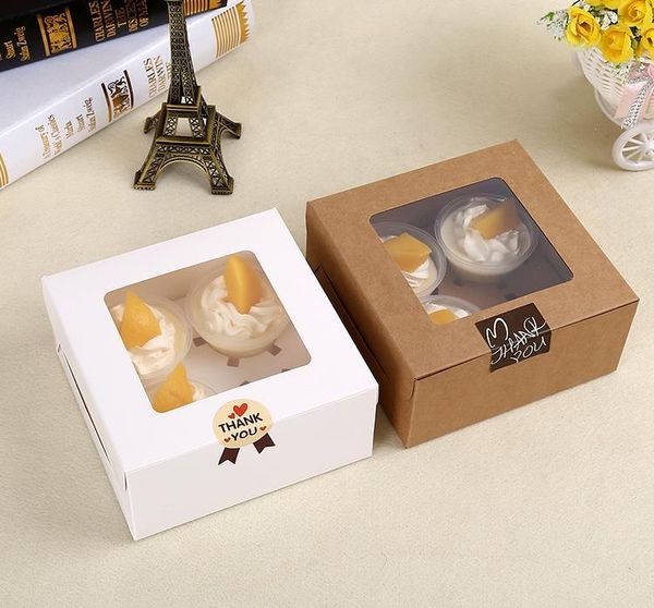 Papel de regalo 100 X 4 Cavidad Ventana transparente Creative Kraft Brown White Cupcake Boxes Muffin Packaging Box