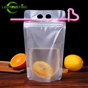 Emballage cadeau 100pcs sacs 100pcs paille 250ml-500ml en plastique givré boisson sac fête mariage jus de fruits lait thé pochettes portables 230804