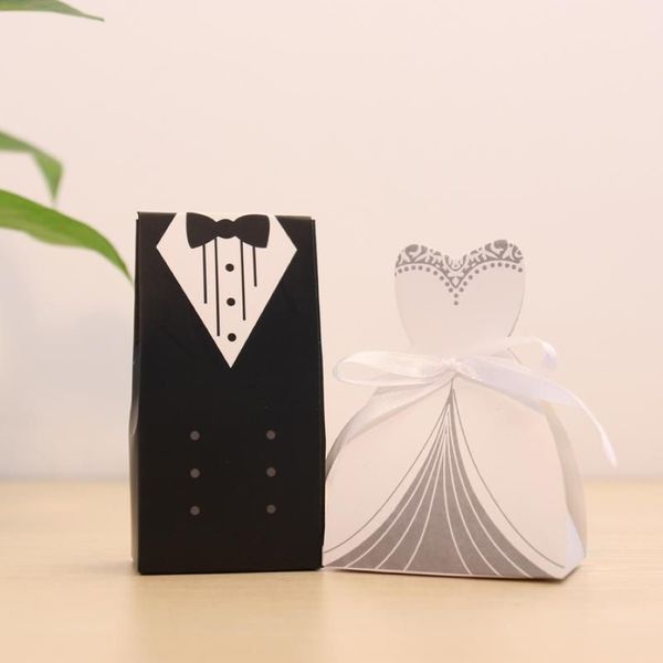 Enveloppe cadeau 100pcs Cas de sacs de mariée Smoot Tuxedo Robe Ribbon Wedding Faven Candy Box269o