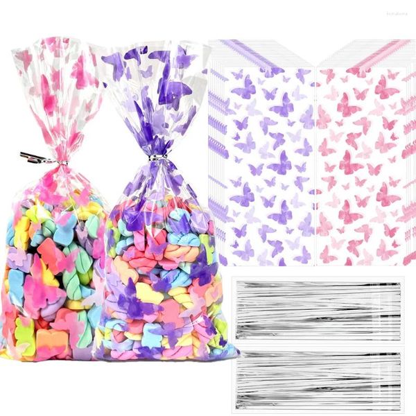 Envoltura de regalo 100 unids Bolsas de tratamiento de mariposa con lazos de plata Pink Purple Candy Girl Fiesta de cumpleaños Favores Decorestion