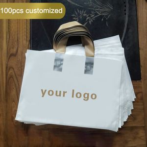 Emballage cadeau 100 pièces sacs à provisions colorés personnalisés avec poignée sac en plastique imprimer une couleur sur Double face conception gratuite 230406