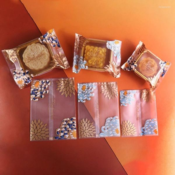 Cadeau cadeau 100pcs givré chrysanthème motif sacs de gâteau de lune en plastique cookie sac de bonbons festival de mi-automne emballage de gâteau de lune