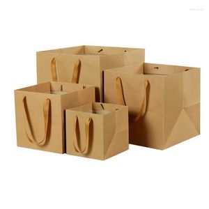 Emballage cadeau 100 pièces fruits fleurs bonsaï emballage sac en papier avec poignée fond carré Kraft noir/marron 4 grande taille SN