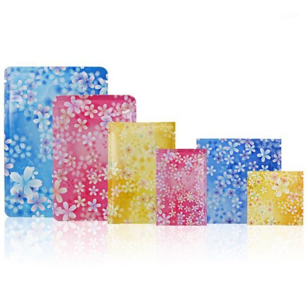 Emballage cadeau 100 pièces brillant pur feuille de Mylar sac ouvert avec Sakura imprimé Tear Notch chaleur vide joint Snack thé stockage Pack pochettes