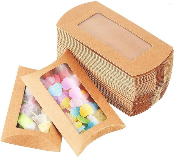 Envoltura de regalo 100 unids Kraft Papel Galleta Caja de caramelo PVC Ventana Boda Linda Cajas de Navidad Embalaje Decoración Suministros de fiesta de cumpleaños