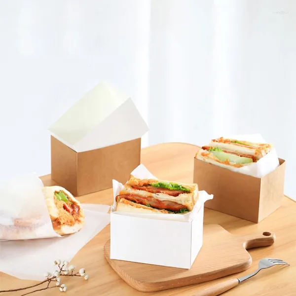 Envoltura de regalo 100 unids Kraft Papel Sándwiches Caja de envoltura Huevo grueso Pan tostado Desayuno Embalaje Hamburguesa Bandeja de té