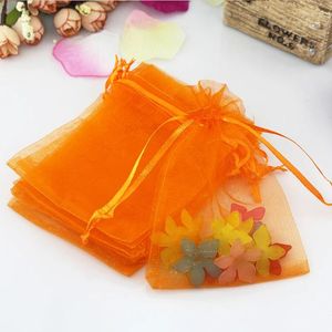 Enveloppe-cadeau 100pcs / lot 9x12cm Bag d'organza décoration orange Décoration de bonbons bijoux cadeaux Emballage de petits sacs pochettes