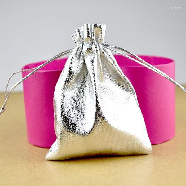 Emballage cadeau 100pcs / lot 9x12cm Sacs de satin plaqué argent Petits bijoux Cadeaux de bonbons Sac d'emballage Party Pochettes de faveur de mariage