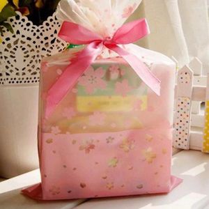 Geschenkomschakeling 100 stcs/veel heldere roze kersenbloesems geprinte tas diy snoep koekje koekje kleine plastic plastic pakkingzakken voor bruiloftsfeestje