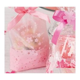 Emballage Cadeau 100 Pcs / Lot Diy Candy Cookie Biscuit Sac Clair Rose Fleurs De Cerisier Imprimé Petits Sacs D'emballage En Plastique Pour La Fête De Mariage Dr Dh8Xk