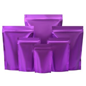 Emballage cadeau 100 Pcs/Lot papier d'aluminium violet mat sac debout poignée joint déchirure encoche réutilisable collation alimentaire sachets de grains de café