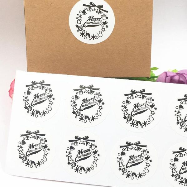 Emballage cadeau 100 PCS/lot joyeux noël autocollants auto-adhésifs étiquette en papier Kraft cadeaux étiquettes rondes étiquette