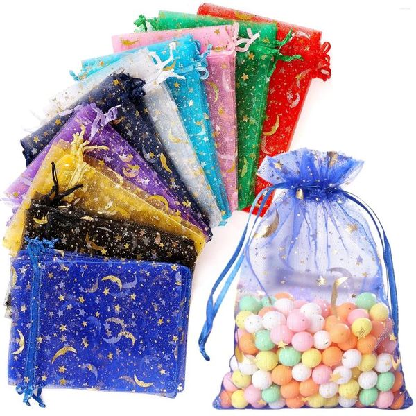 Enveloppe cadeau 100pcs Couleur mélangée Moon étoile Organza sacs bijoux de bonbons poche à crampon pour les petites entreprises fête favorise les fournitures d'emballage